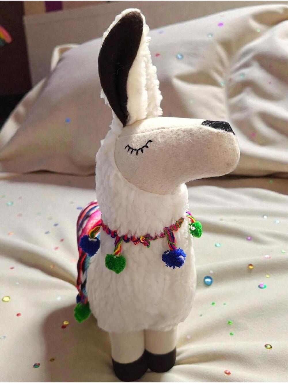 Decorative Standing Plush Llama w/ Blanket & Pom‑Poms, Handcrafted – 14.5” x 11”